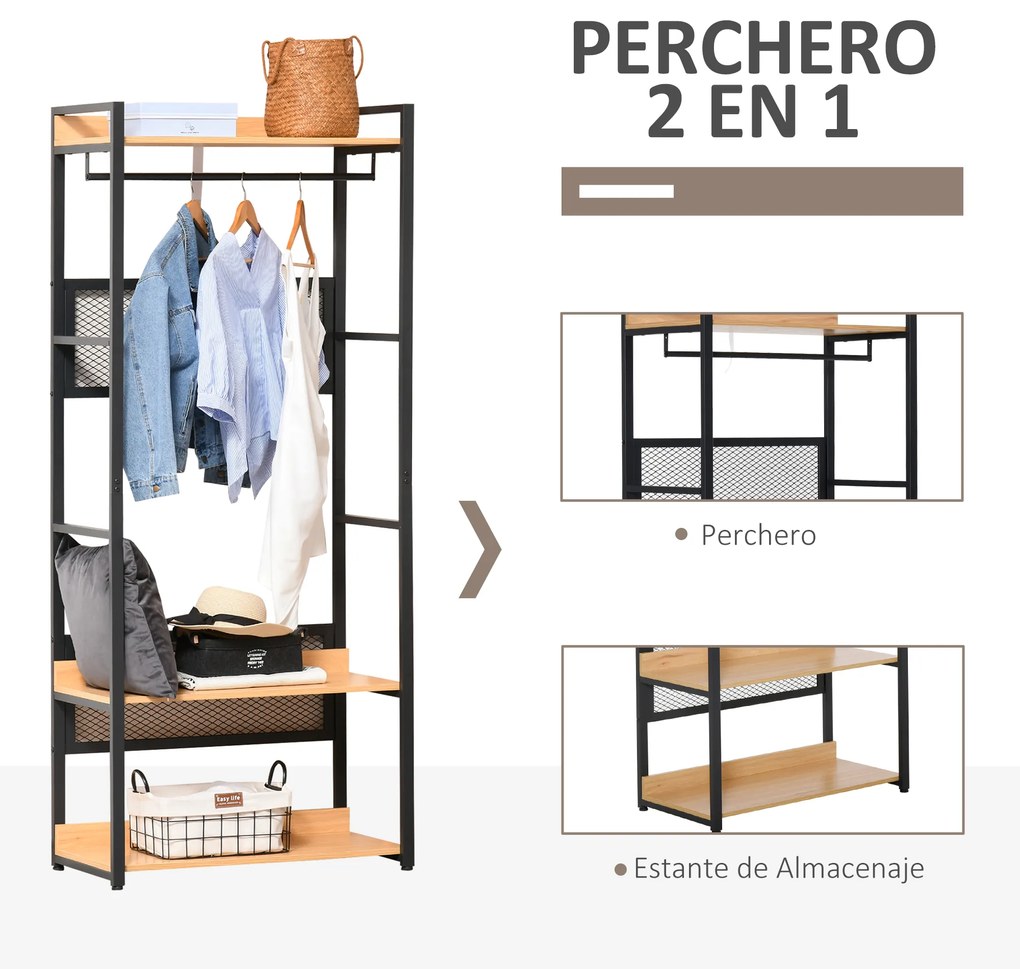 HOMCOM Cabide de entrada 2 em 1 com várias prateleiras e barra para pendurar para corredor Quarto sala de estar 80x40x190 cm Madeira natural preta