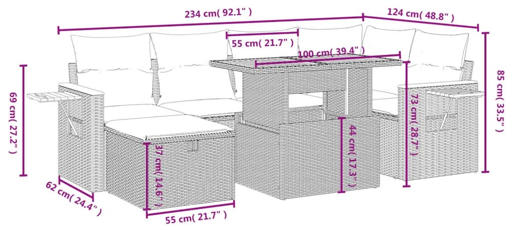 7 pcs conjunto de sofás p/ jardim com almofadões vime PE bege