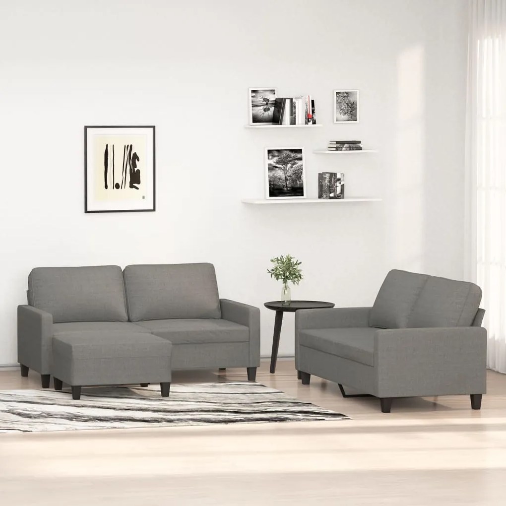 vidaXL 3 pcs conjunto de sofás com almofadões tecido cinzento-escuro
