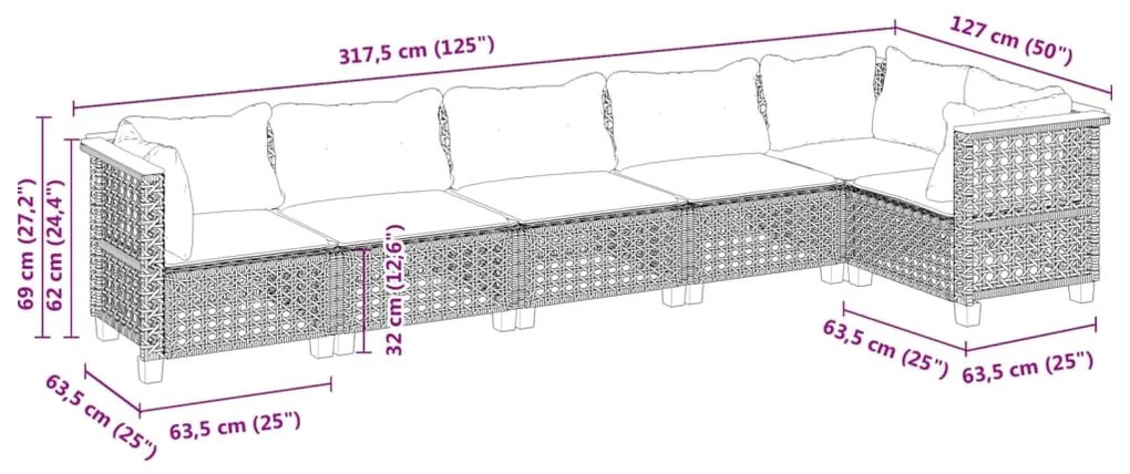 6 pcs conjunto sofás de jardim com almofadões vime cinzento