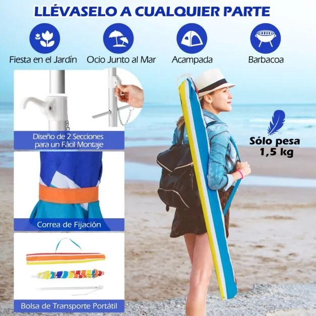 Guarda-sol de praia portátil com inclinação ajustável e saco de transporte para jardim, pátio, exterior 198 x 213 cm Multicolor