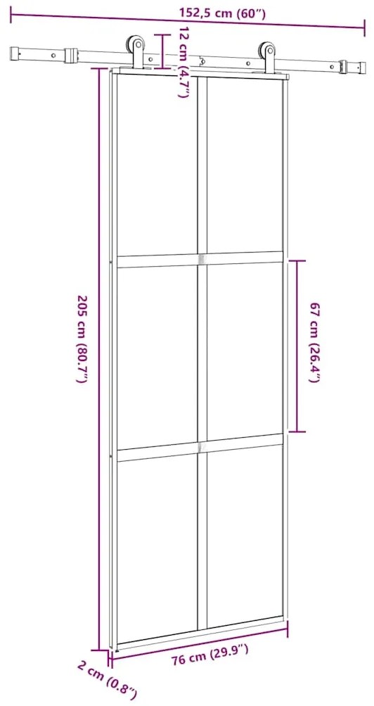 Porta deslizante ferragens 76x205cm vidro temperado/alumínio