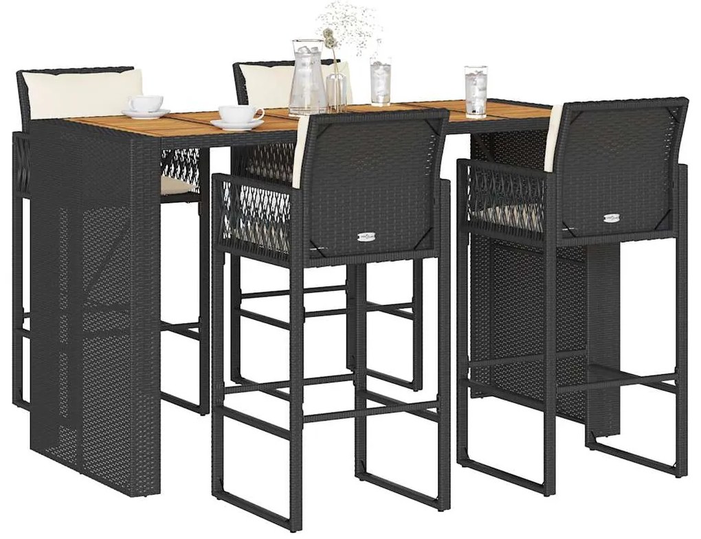 5 pcs conjunto de bar jardim c/ almofadões vime PE/acácia preto