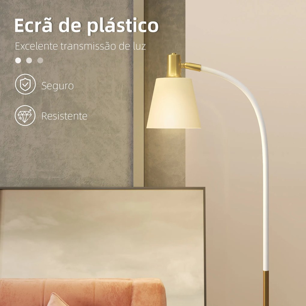 Candeeiro de Pé LED com Altura Ajustável Ecrã Interruptor para Sala de Estar Escritório Quarto 49x21x127-160 cm Branco e Dourado