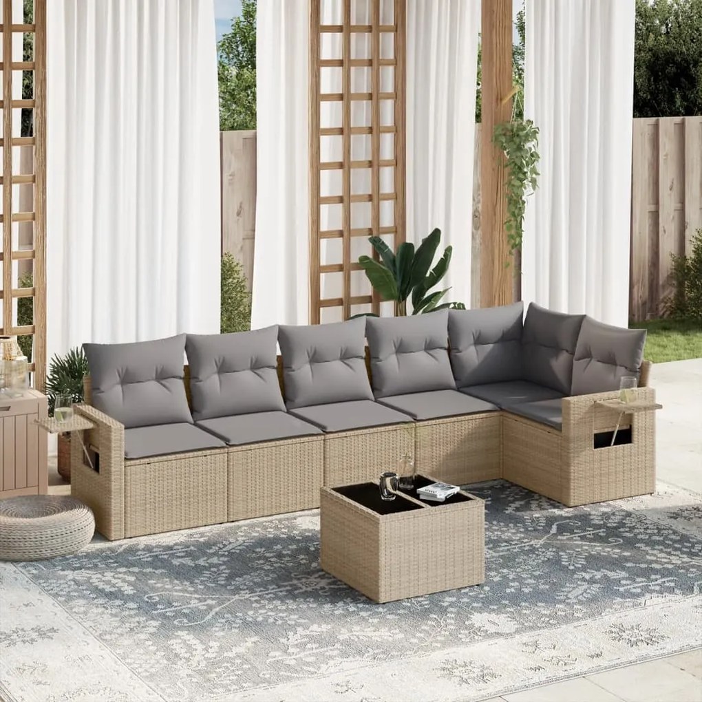 vidaXL 7 pcs conjunto de sofás p/ jardim com almofadões vime PE bege