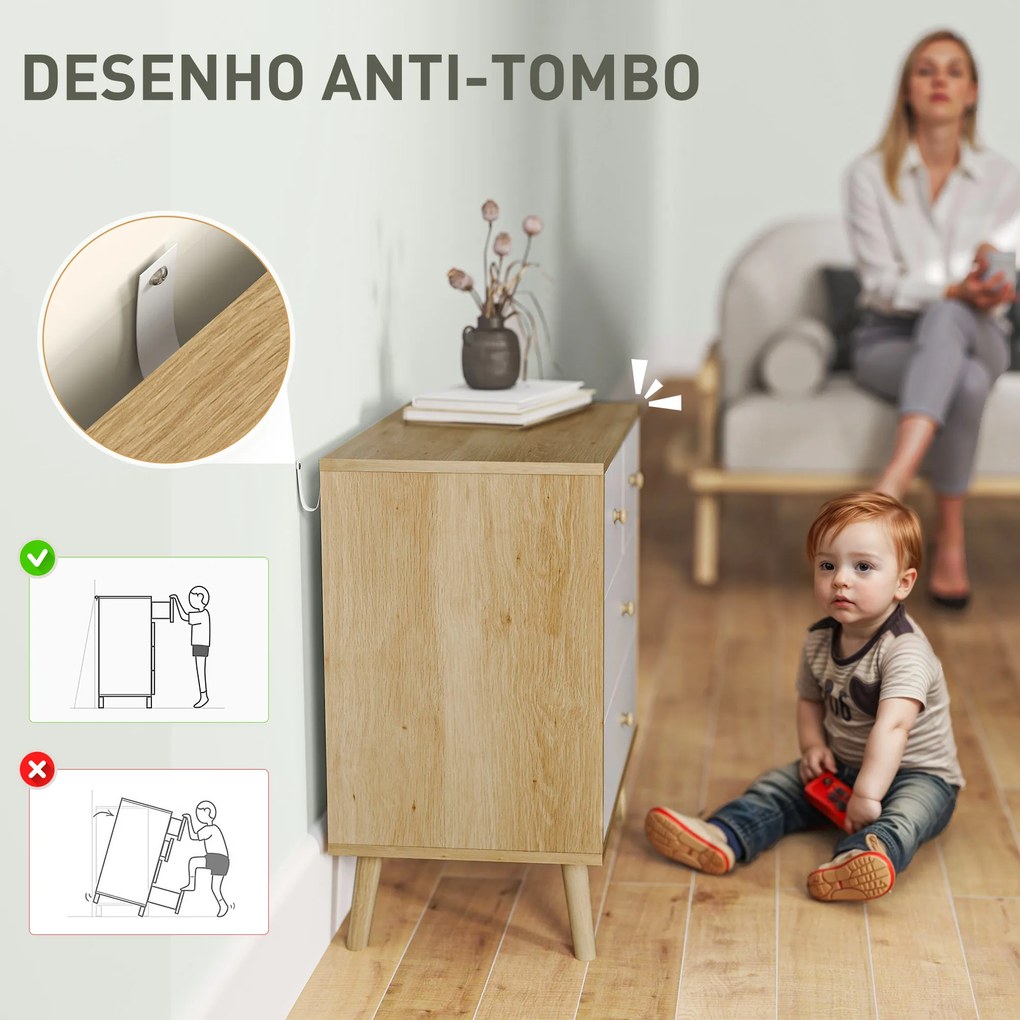 Comoda de 4 Gavetas com Puxadores de Madeira Cómoda Estreita para Sala Corredor 60x35x65 cm Madeira e Branco
