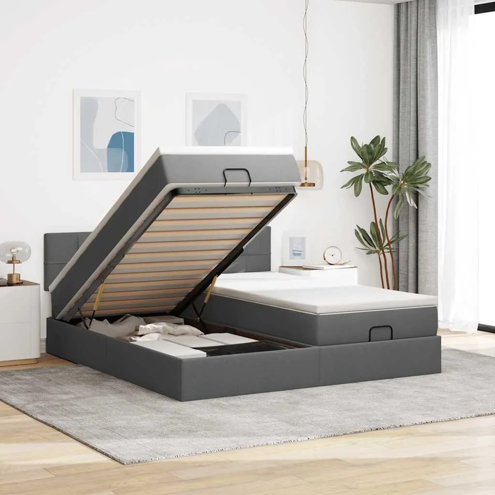 Estrutura de cama otomana com colchões tecido cinzento escuro