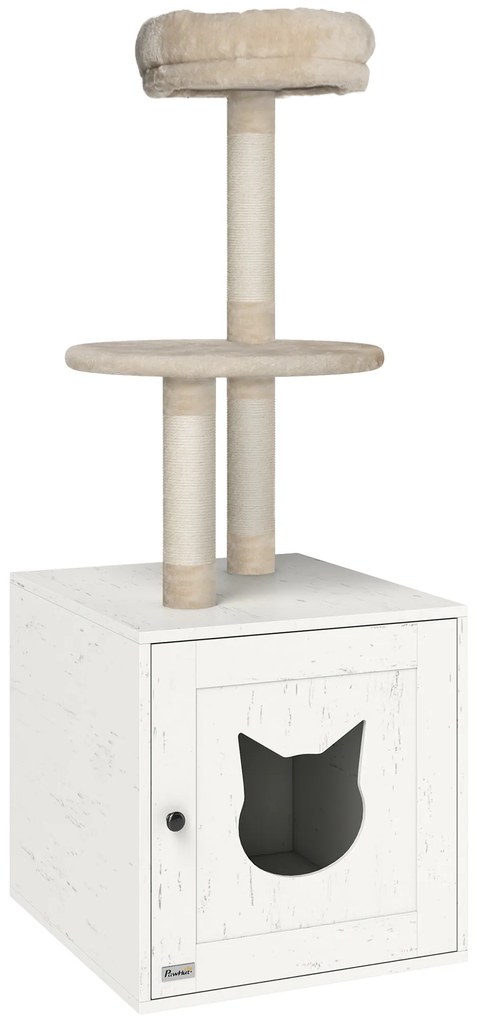Pawhut Árvore para Gatos com Casa de Banho Torre de Jogo 2 em 1 de 129 cm com Cache Litière Postes para Arranhar Creme | Aosom Portugal