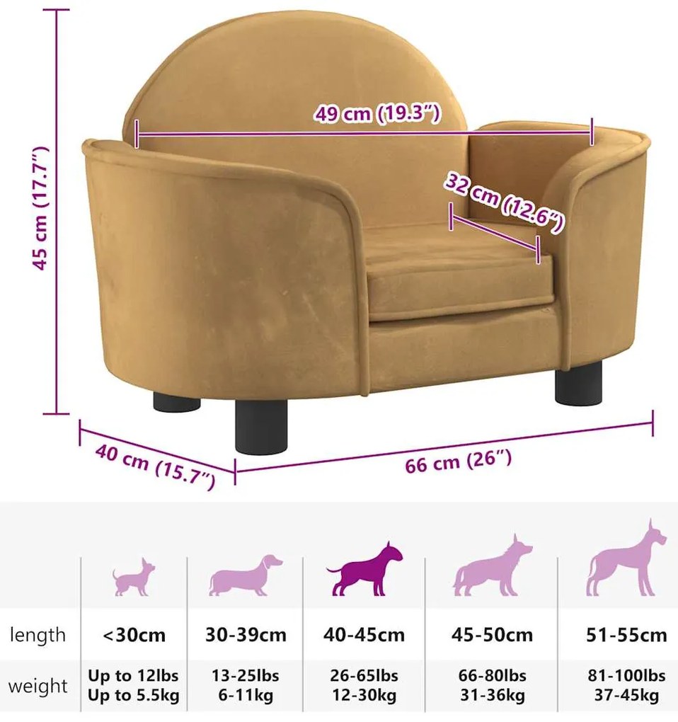 Cama para cães 66x40x45 cm veludo castanho