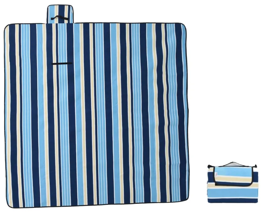 Manta piquenique dobrável 200x200 cm veludo riscas azul/branco