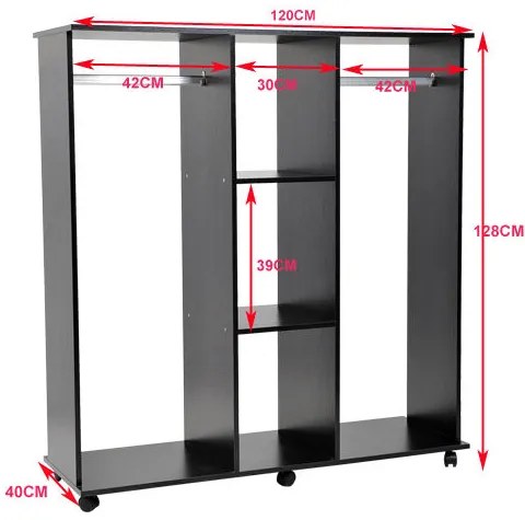 Armários Roupeiros Móvel com Duplo Trilho 3 Estantes Organizador 120x40x128cm Preto