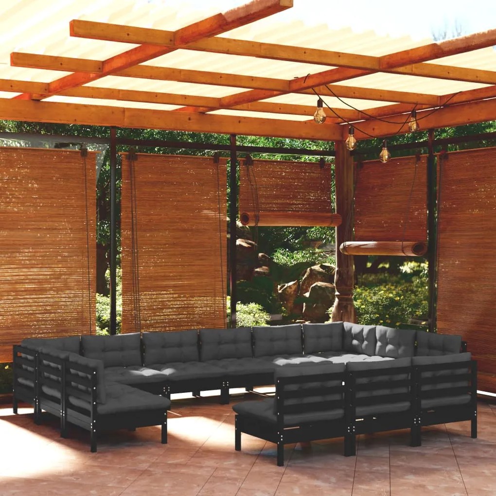vidaXL 13 pcs conjunto lounge jardim c/ almofadões pinho maciço preto