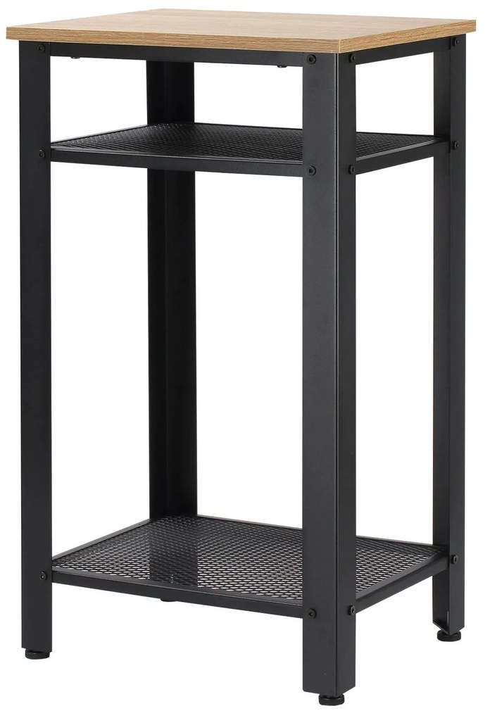 HOMCOM Mesa de Apoio Estilo Industrial com 2 Prateleiras de Grade de Metal e Pés Ajustáveis 45x35x75cm Carvalho e Branco