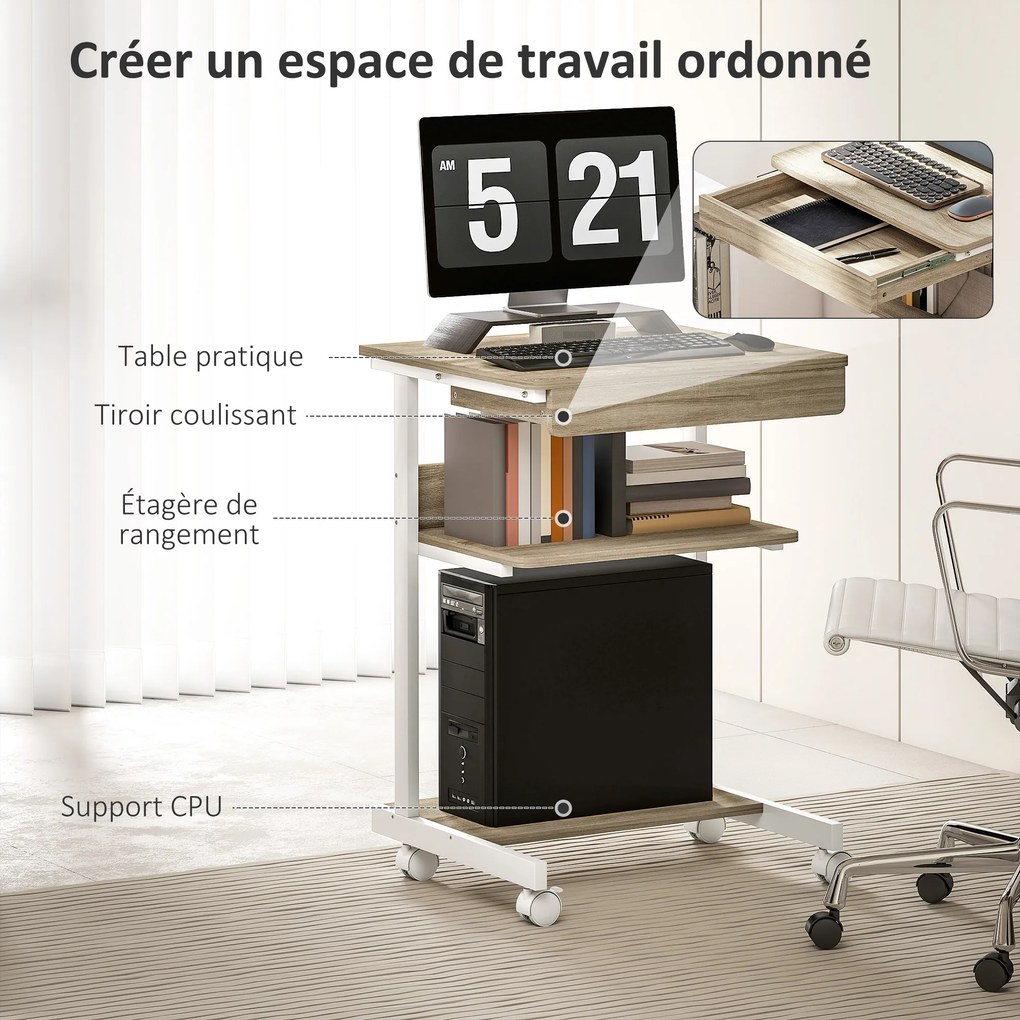 Secretária de computador com rodas, secretária com arrumação de 56 x 51 cm, com gaveta, compartimento e suporte para a unidade central, em carvalho