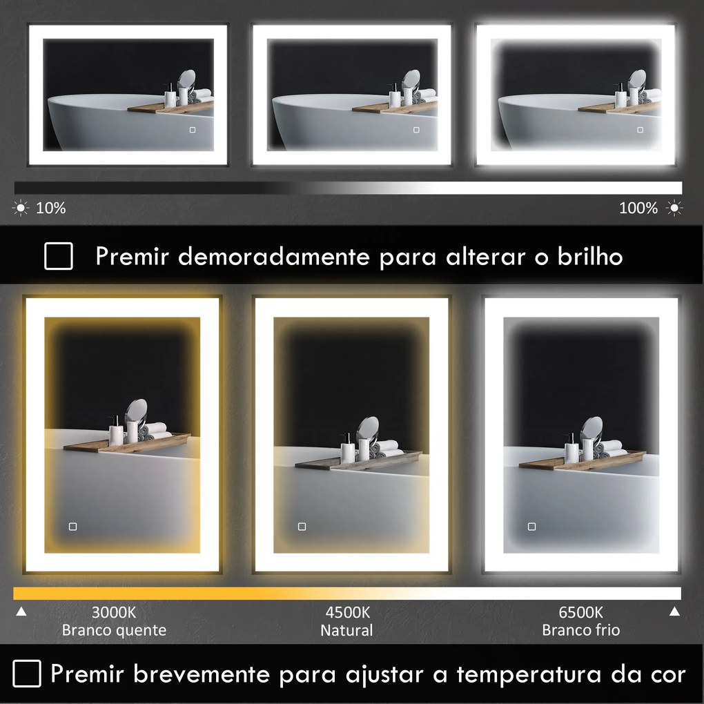 Espelho Casa de Banho com Luz LED 80x60 cm Iluminação Ajustável Função Anti-Embaciamento Função Memória Preto
