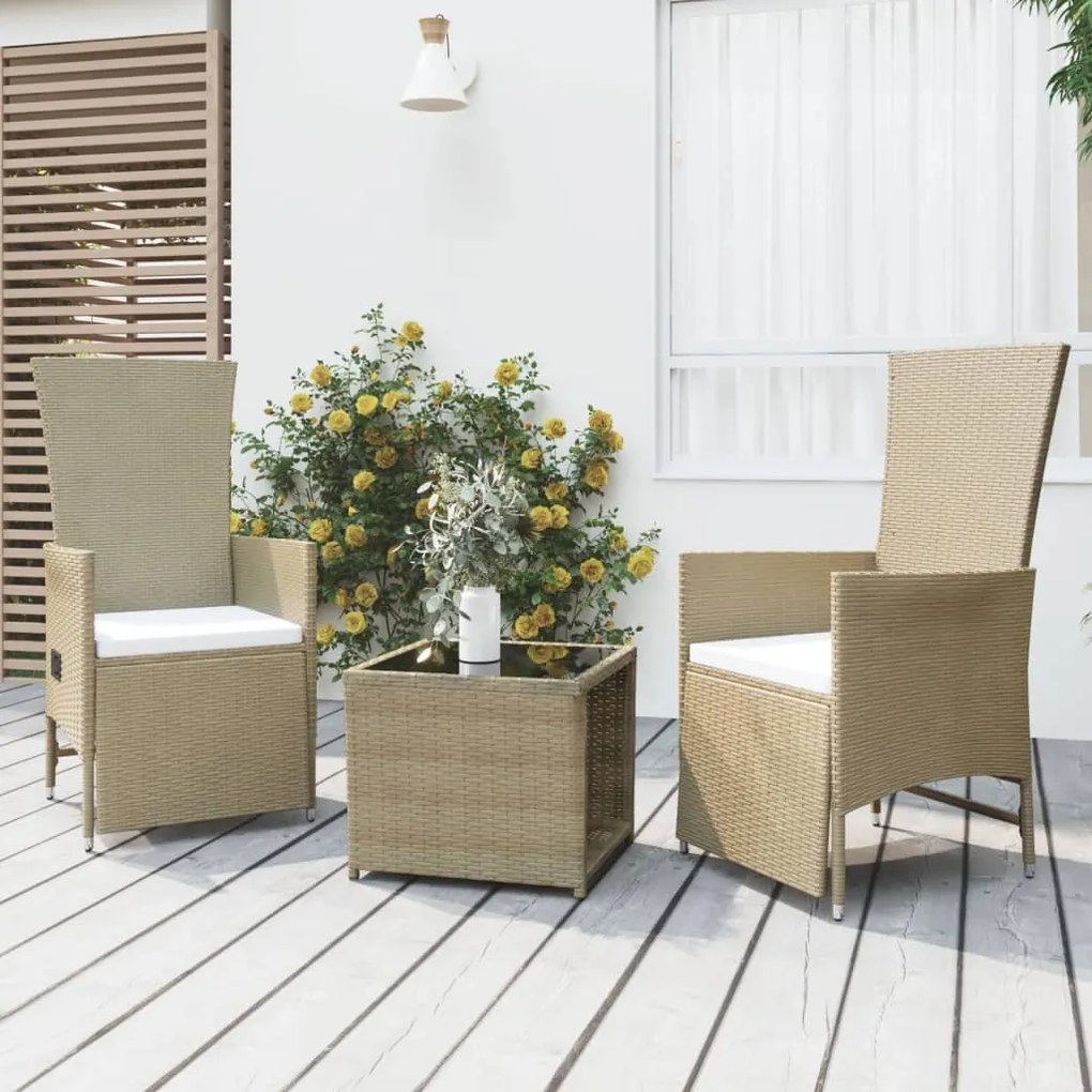 vidaXL 3 pcs conjunto lounge para jardim vime PE e aço bege