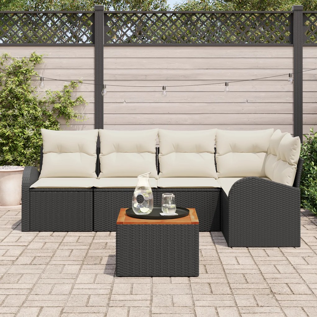 Conjunto de Sofás para Jardim de 6 Peças com Almofadas Preto Rattan Po