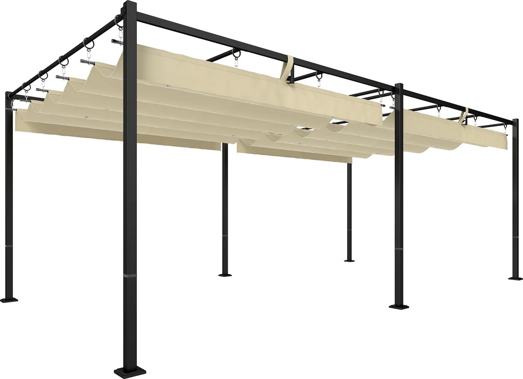 Outsunny Gazebo Pérgola 5.7x2.95 m, Pérgola de Jardim com Toldo Retrátil Deslizante, Furos de Drenagem, em Poliéster e Metal, Pérgola para Exterior, Pátio, Terraço, UV50+, Bege | Aosom Portugal