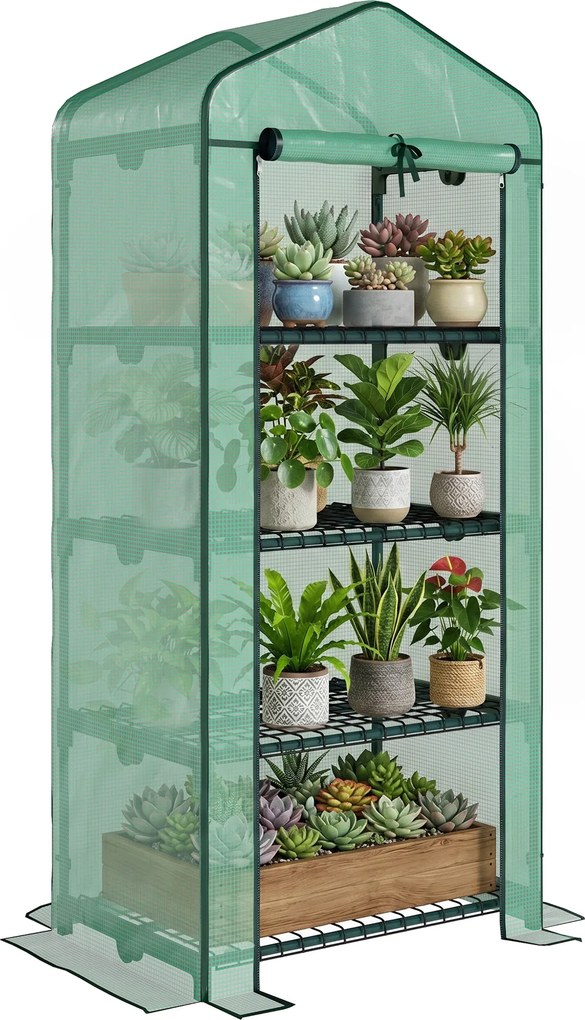 Outsunny Estufa Jardim 4 Prateleiras Cobertura PE Aço Cultivo Plantas Flores Resistente Durável 70x50x160cm Verde | Aosom Portugal