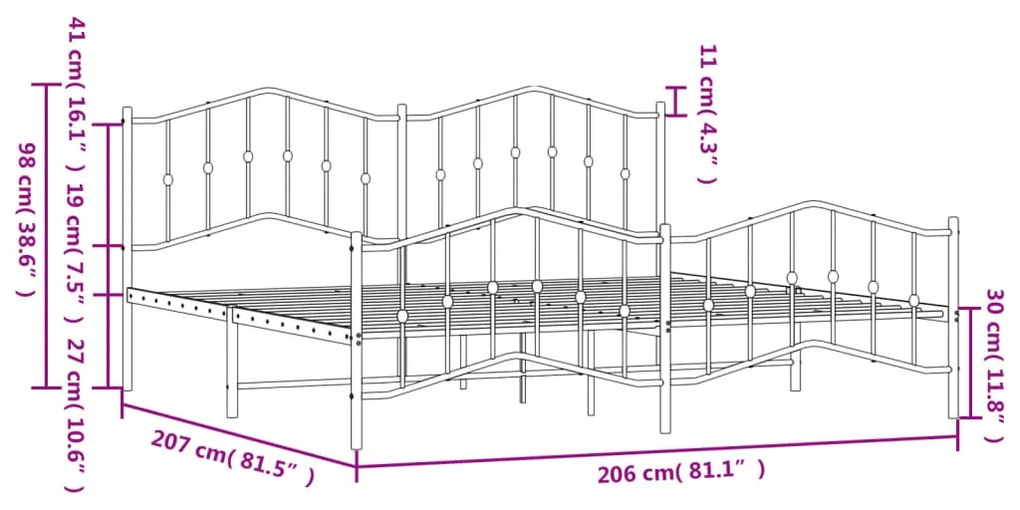 Estrutura de cama com cabeceira e pés 200x200 cm metal preto