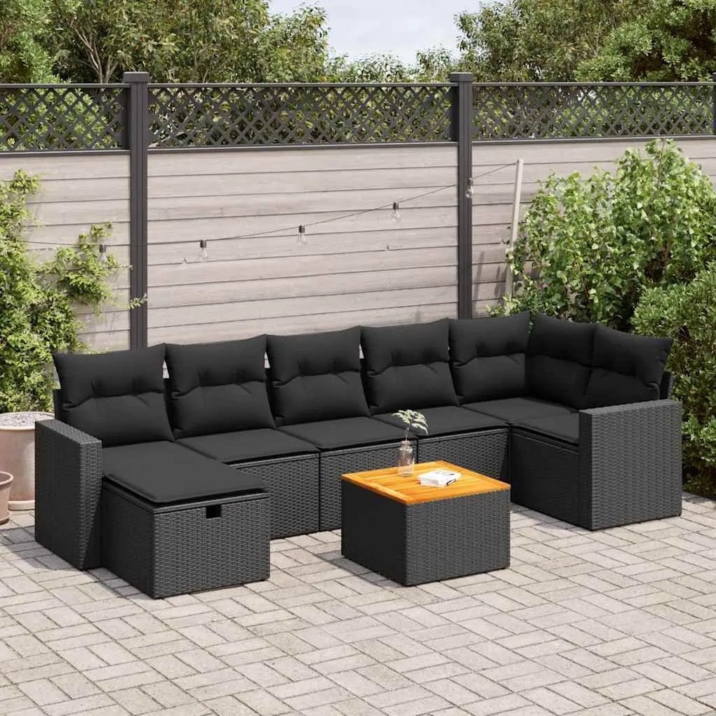 8 pcs conjunto sofás de jardim com almofadões vime PE preto