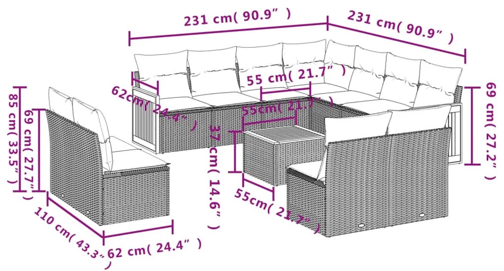 12 pcs conjunto de sofás jardim c/ almofadões vime PE cinzento