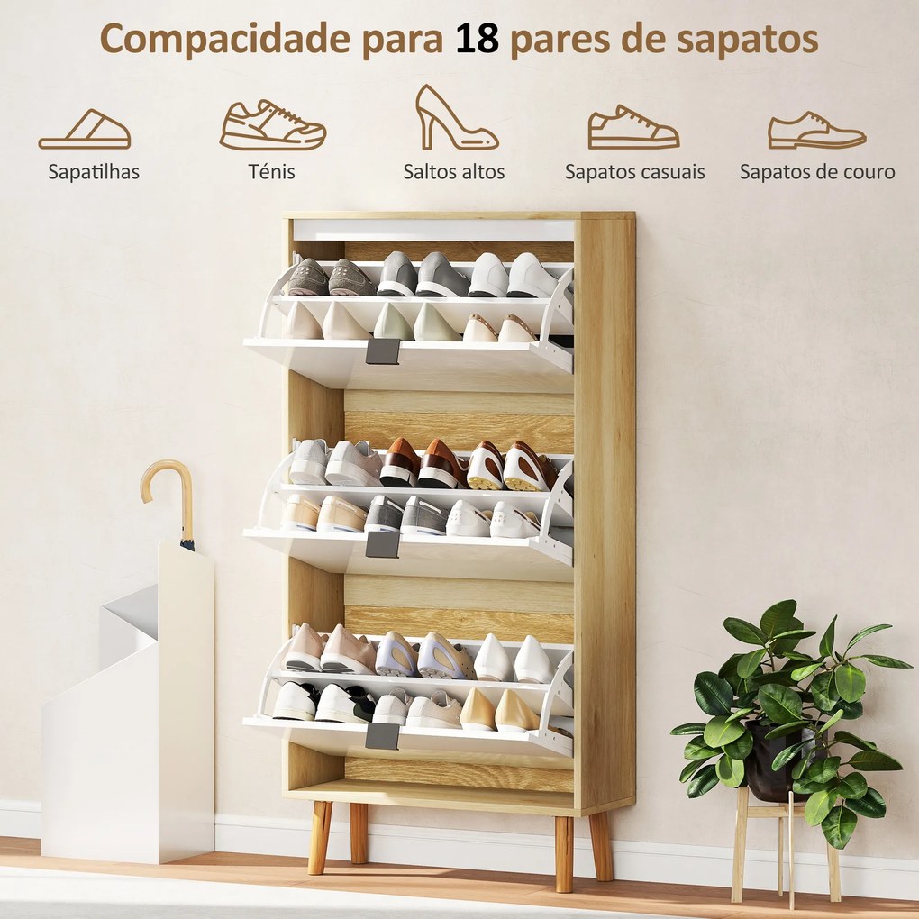 Sapateira Estreita com 3 Portas em Branco Brilhante Prateleiras Ajustáveis Pernas de Madeira para 18 Pares de Sapatos 60x24x127 cm