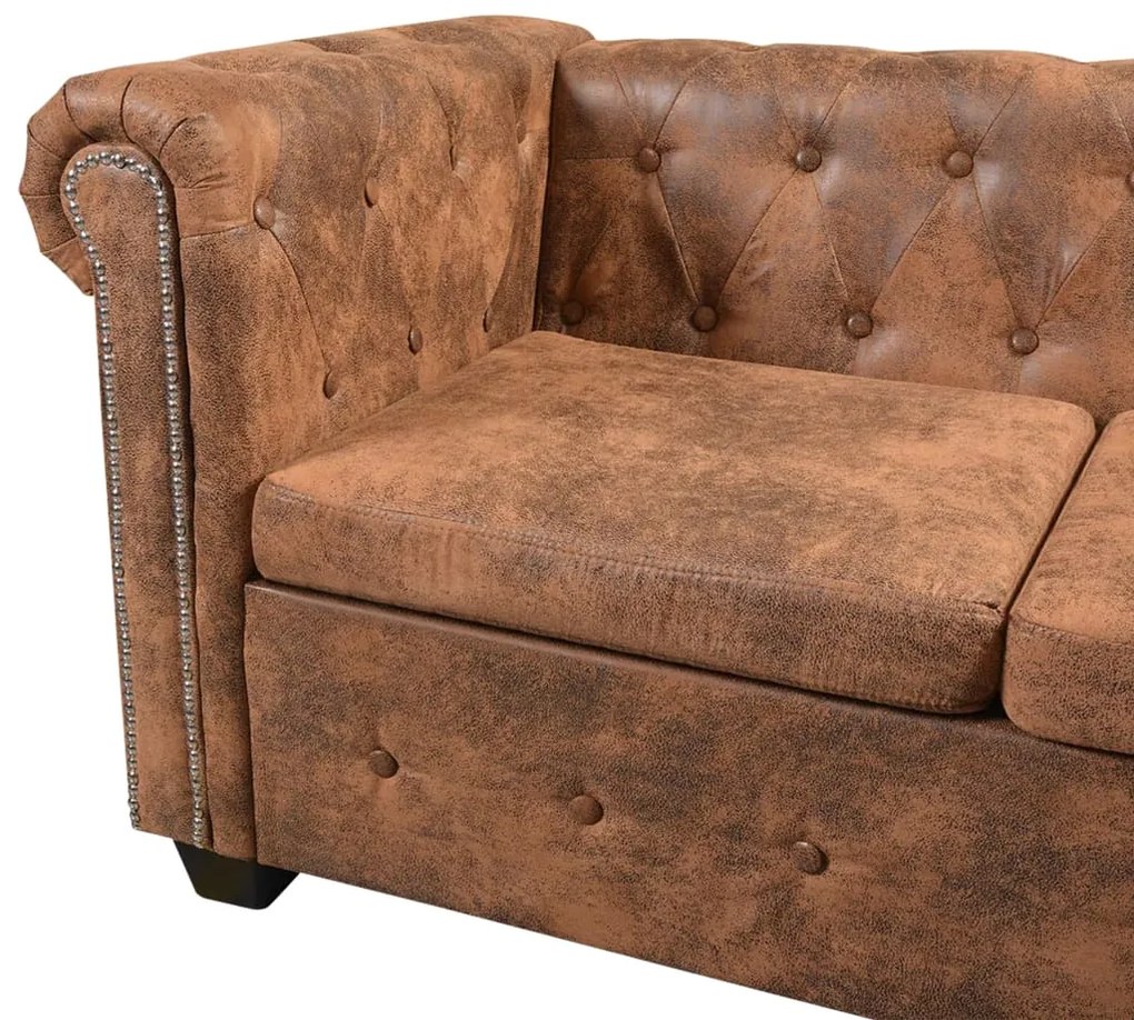 Sofá de canto Chesterfield 5 lugares em couro sintético marrom
