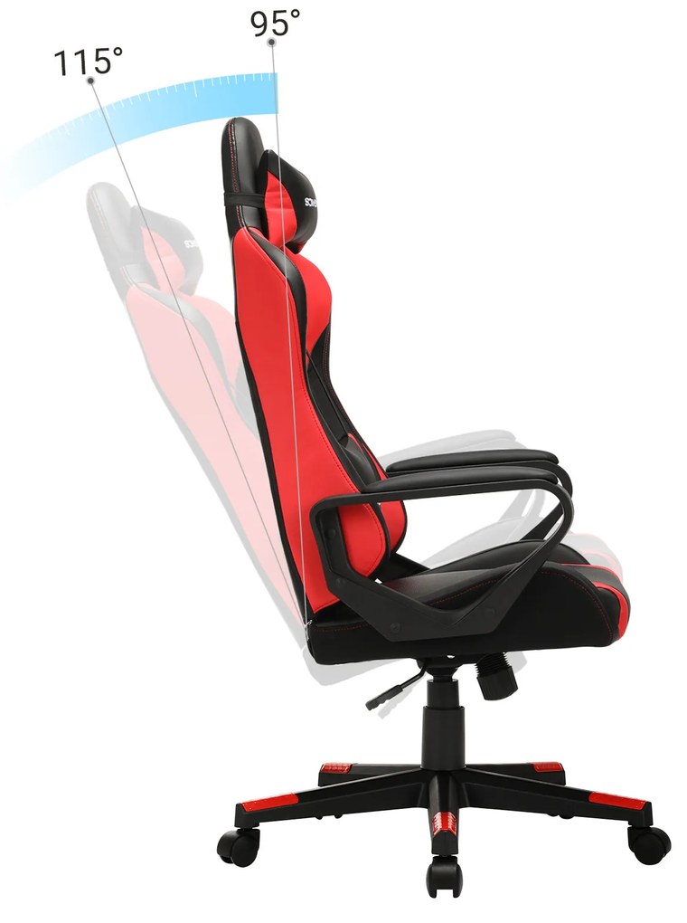 Cadeira Gaming ergonómica Estrutura de aço, regulável em altura, função de balanço preto-vermelho