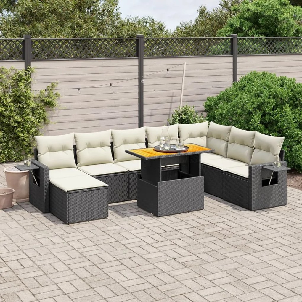 9 pcs conjunto de sofás p/ jardim c/ almofadões vime PE preto