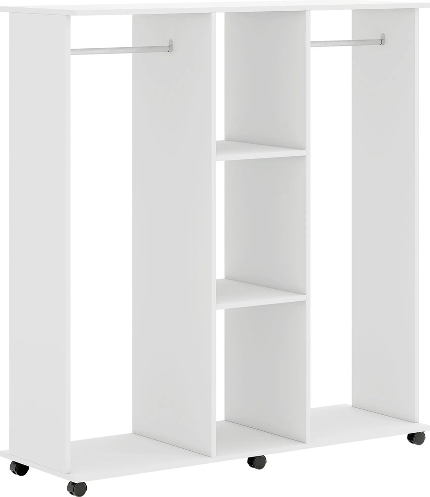 HOMCOM Guarda-Roupa Aberto 2 Varões 3 Prateleiras com 6 Rodízios 120x40x128 cm Branco | Aosom Portugal