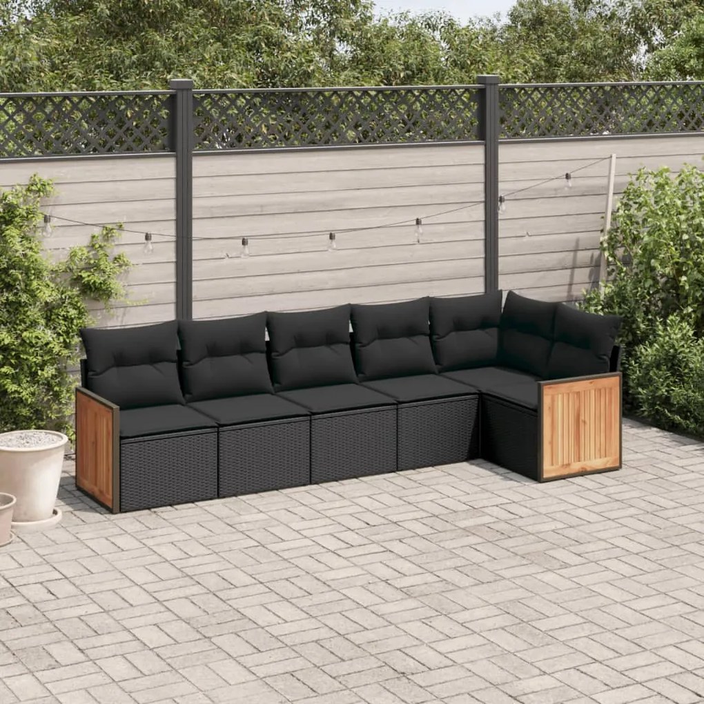 6 pcs conjunto sofás de jardim c/ almofadões vime PE preto