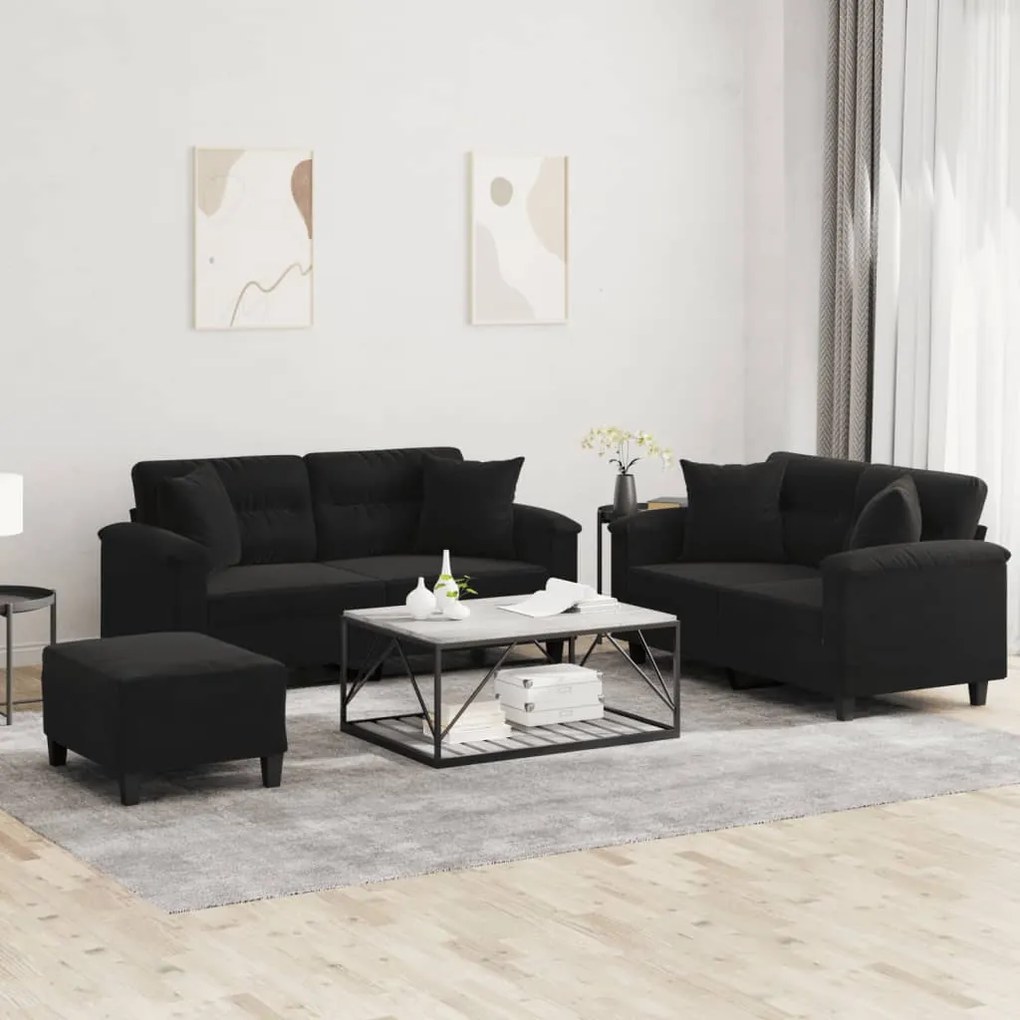 vidaXL 3 pcs conjunto sofás c/ almofadas tecido de microfibra preto