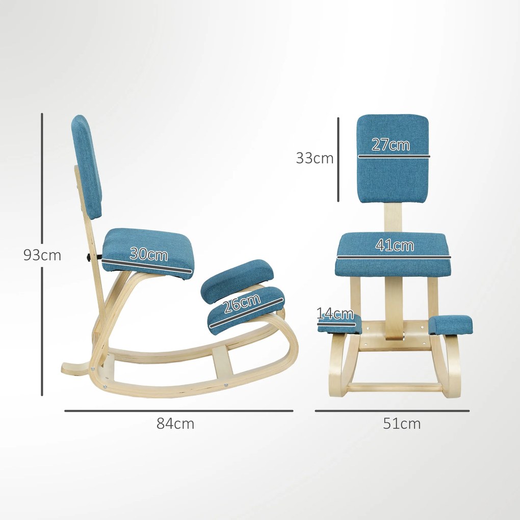 Cadeira ergonómica para joelhos com encosto, assento oscilante para joelhos, corretor de postura 51x84x93 cm azul escuro