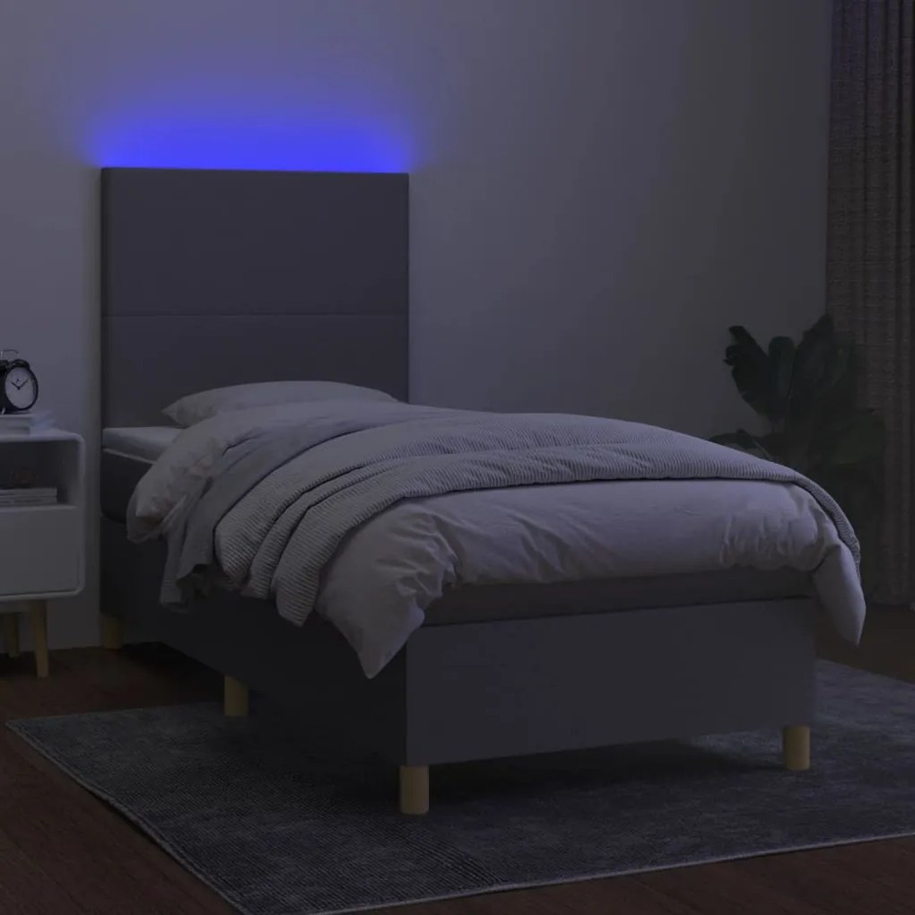 Cama box spring c/ colchão e LED 100x200 cm tecido cinza-claro