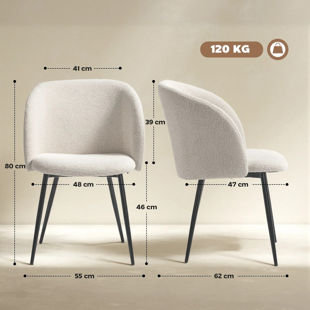 Conjunto de 2 cadeiras de sala de jantar com encosto em tecido com efeito de lã felpuda e pés em aço, 55 x 62 x 80 cm, bege e preto