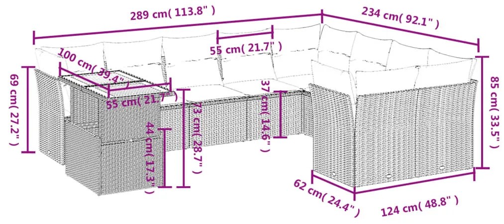 10 pcs conjunto de sofás p/ jardim com almofadões vime PE bege