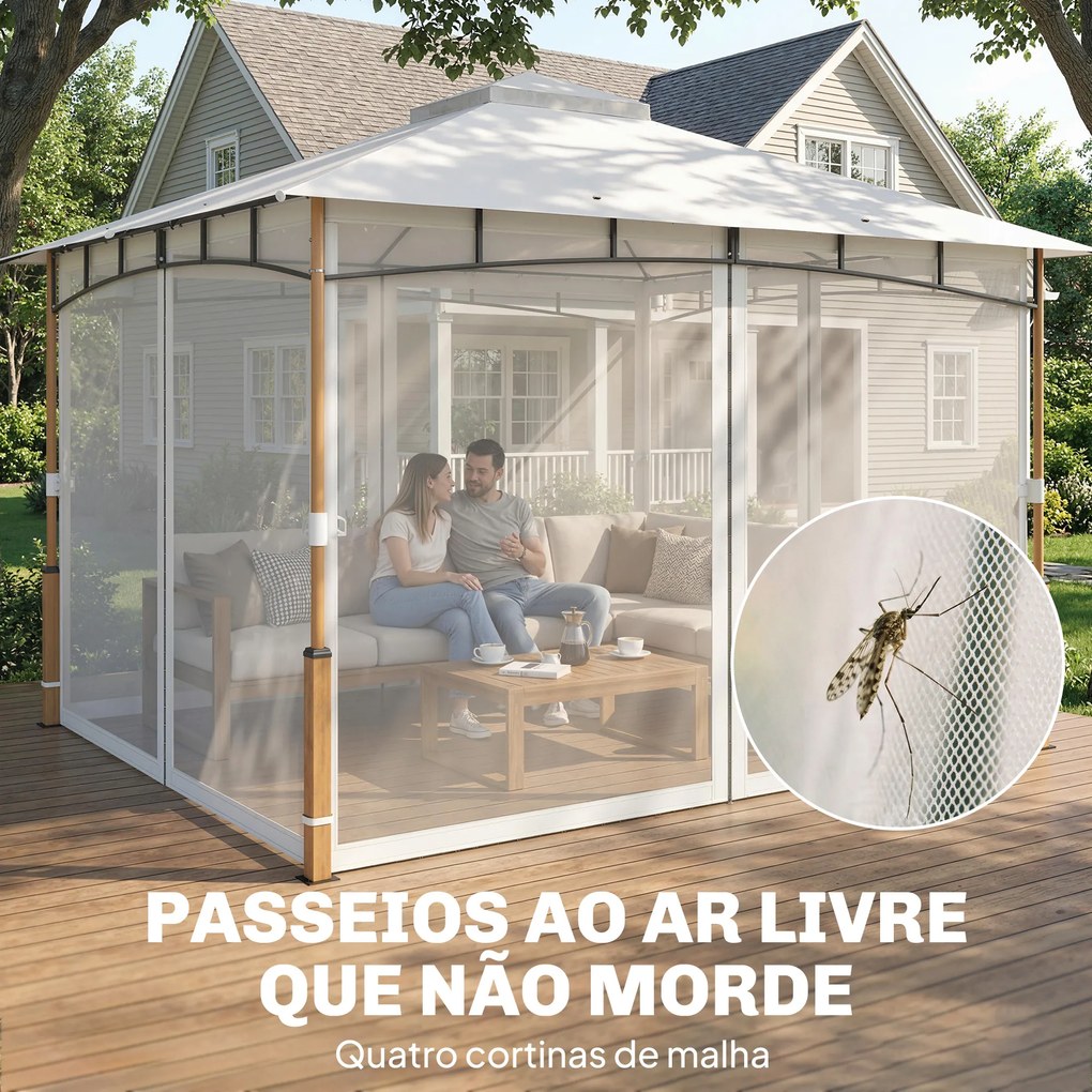 Pérgola para Jardim 3x3,6 m com Telhado Duplo Paredes de Rede UPF50+ Estrutura Metálica Creme e Teca