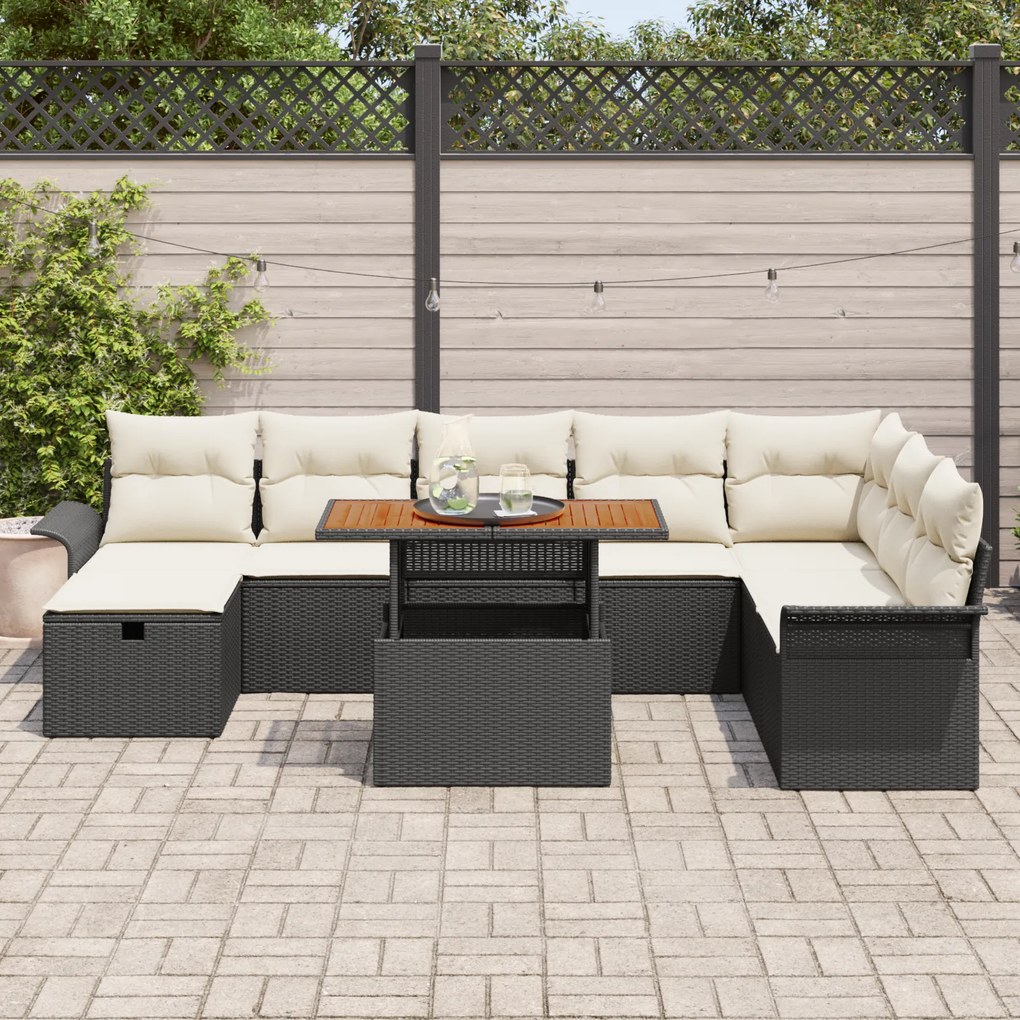 Conjunto de Sofá Jardim de 9 Peças com Almofadas Preto Rattan Poliprop