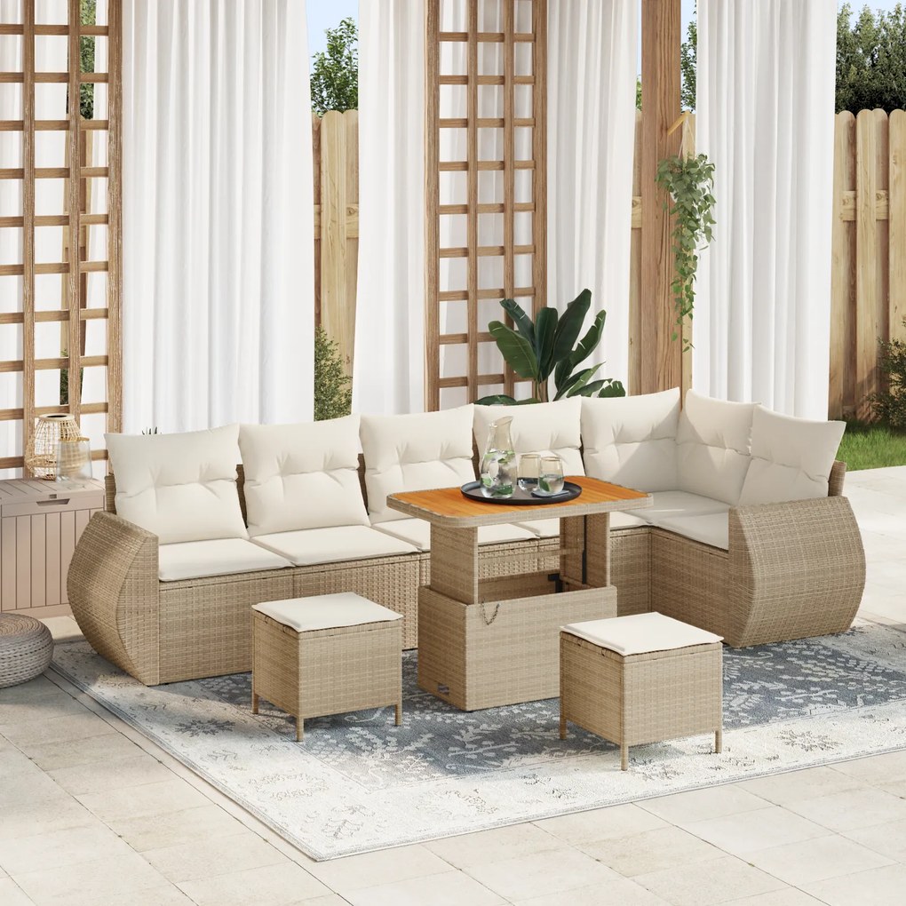 Conjunto de Sofás de Jardim 9 Peças com Almofadas Bege Polímero Vime A