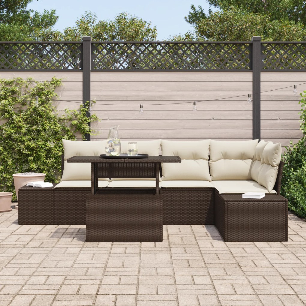 Conjunto de Sofá de Jardim com 6 Peças e Almofadas Castanho em Rattan