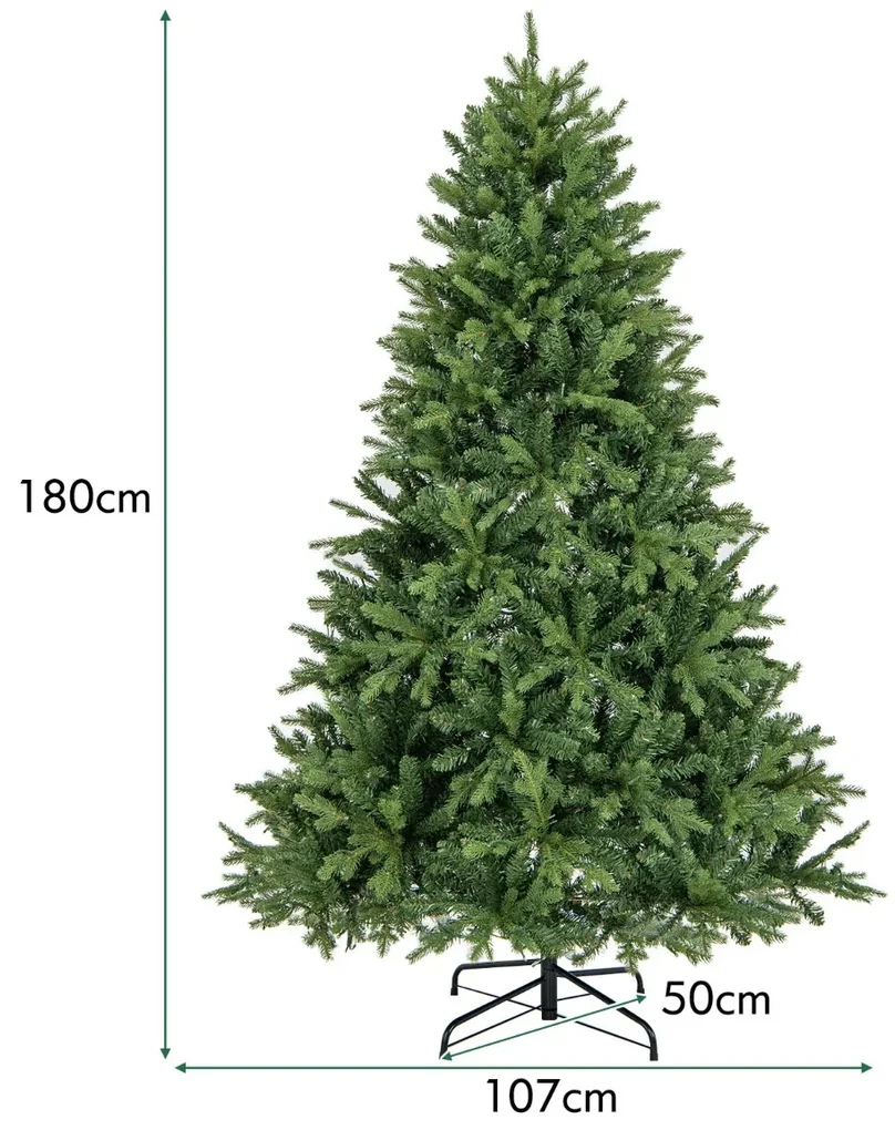 Árvore de Natal Artificial Altura 180 cm Árvore com Neve com 695 Ramos 57  Pinhas e Base de Aço Dobrável Ø104x180 cm Verde