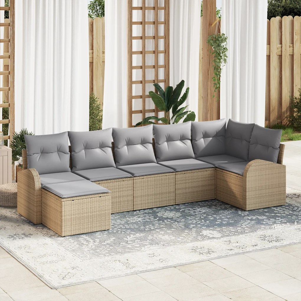 vidaXL Conjunto de Sofá de Jardim com 7 Peças e Almofadas Bege em Rattan Sintético