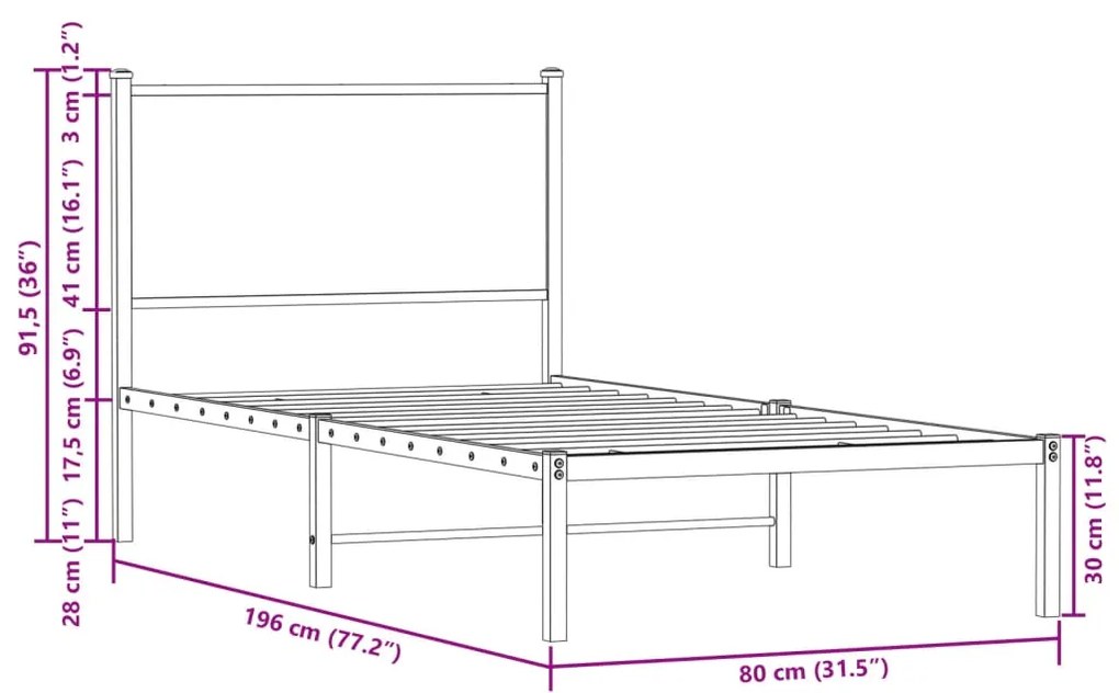 Estrutura de cama com cabeceira 75x190 cm metal carvalho sonoma