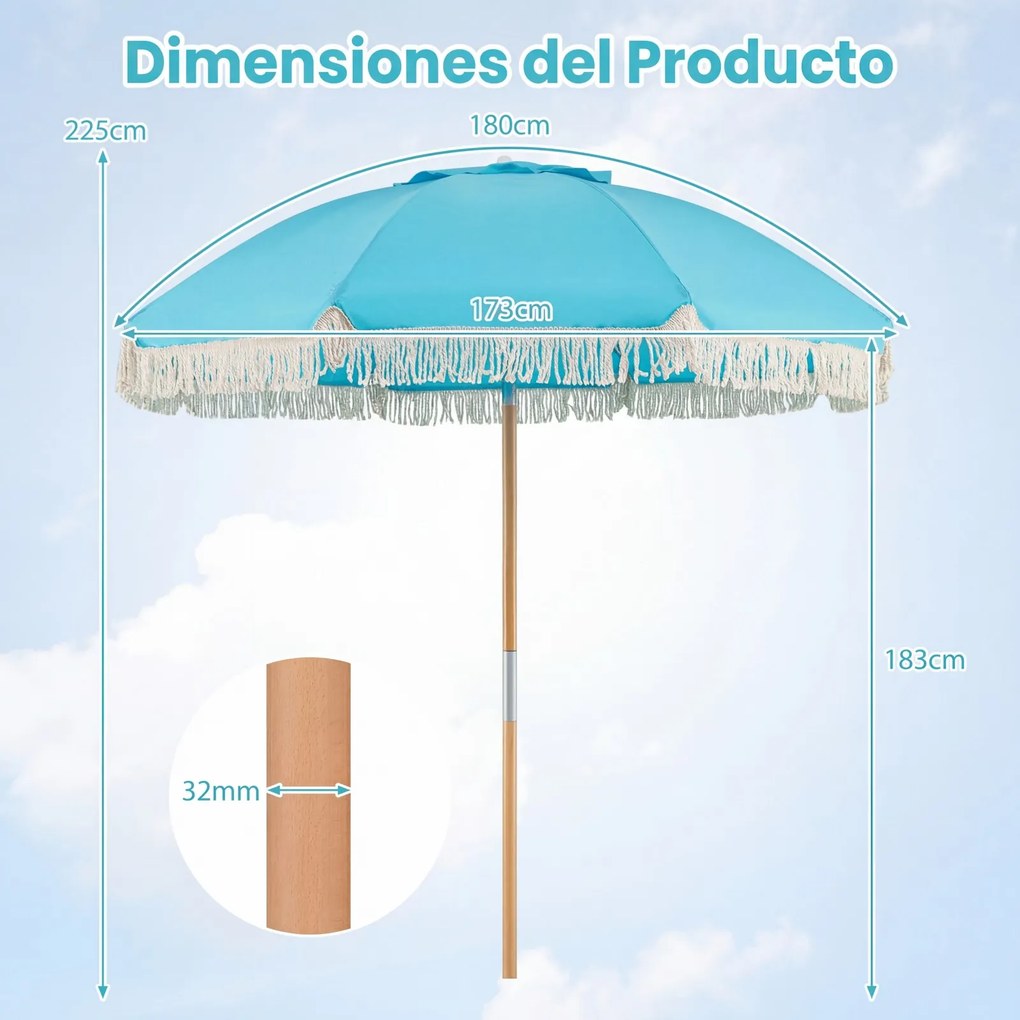 Guarda-sol de praia grande, 173 cm, mastro de madeira, 8 varas de fibra de vidro, inclinável, com borlas, para exterior e jardim, azul