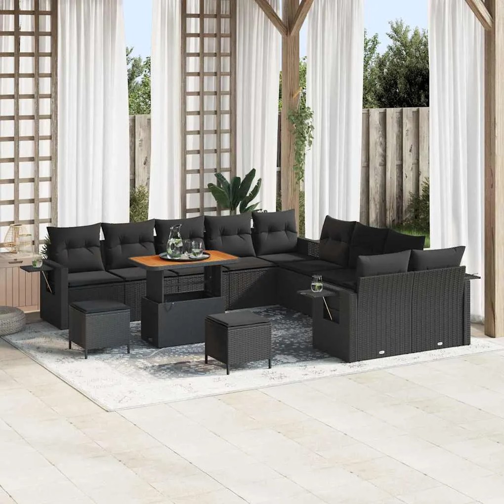 vidaXL Conjunto de Sofá de Jardim com 13 Peças e Almofadas, em Rattan Preto e Acácia.