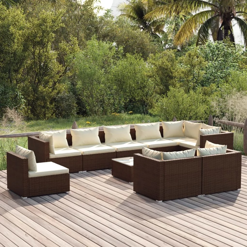 vidaXL 10 pcs conjunto lounge de jardim c/ almofadões vime PE castanho