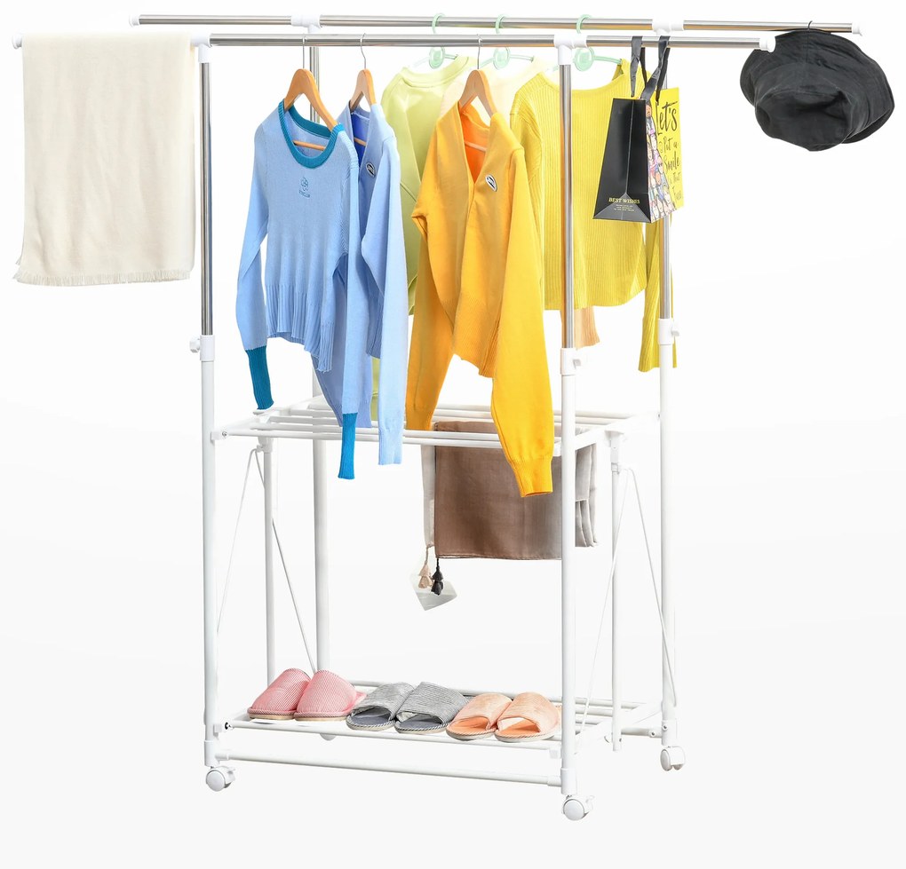 Cabideiro Dobrável para Roupa com Rodas Barras para Pendurar Extensíveis Altura Ajustável e 2 Prateleiras 88-157x50x95-160cm Branco