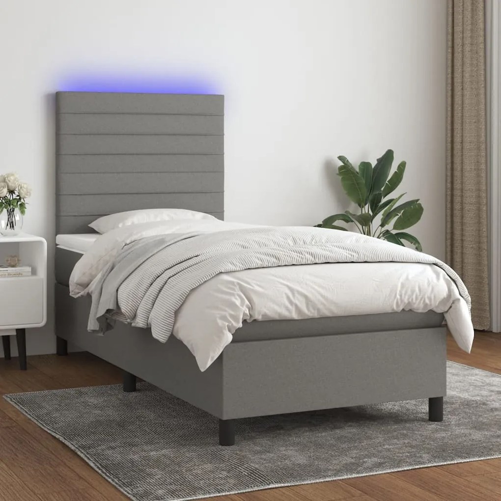 Cama box spring c/ colchão e LED 100x200 cm tecido cinza-escuro