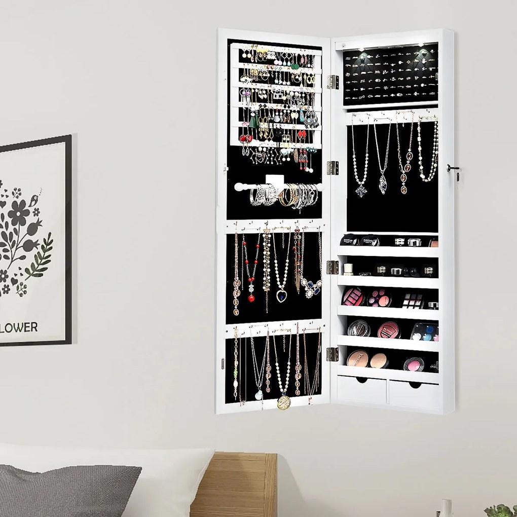 Guarda Jóias C/ Espelho Corpo Inteiro Montado na Parede com 2 Luzes LED Organizador de Jóias de Corpo Inteiro 37 x 9,5 x 108 cm Branco